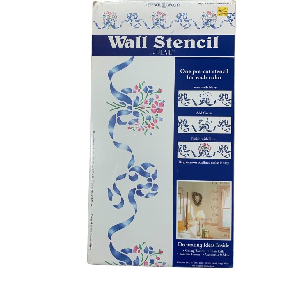 Vintage NIP Plaid Wildflower Ribboned Grace Wall Stencil 1993 Country Farmhouse